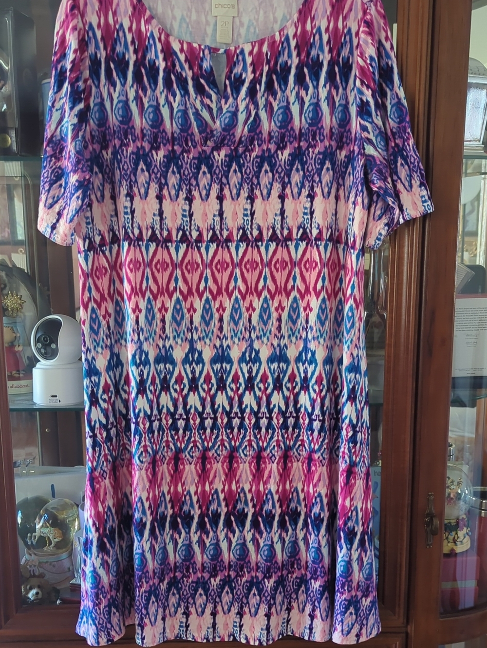 Chico's Pink, Blue & Purple Ikat Midi Scoop-Neck Dress